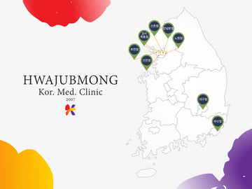 A map of South Korea showing 9 branches of HJM Korean Medicine Clinic with pins and locations. With HJM clinic logo.